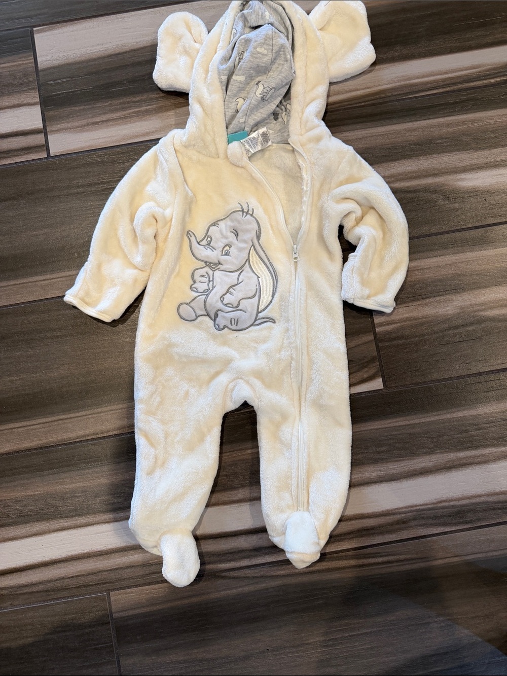 Disney  Cream Elephant Hooded Fleece One-Piece Footie